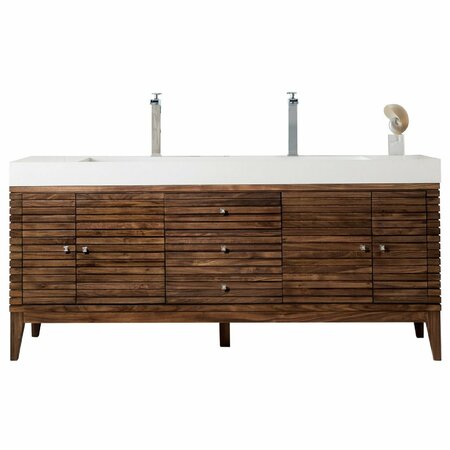 JAMES MARTIN VANITIES Linear 72in Double Vanity, Mid-Century Walnut w/ Glossy White Composite Stone Top 210-V72D-WLT-GW